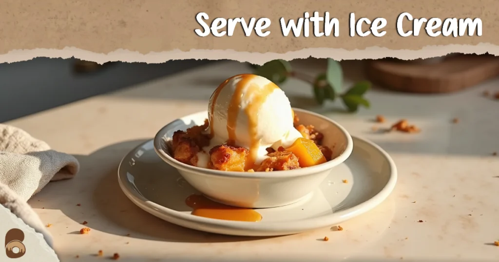 Serving of easy peach cobbler recipe using canned peaches with vanilla ice cream and caramel drizzle.