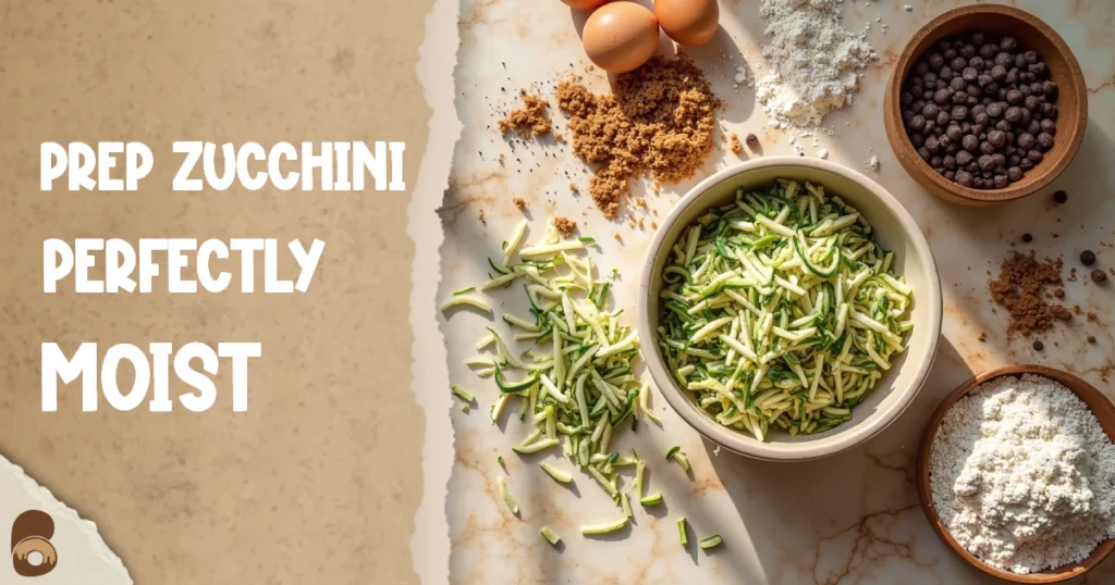 Shredded zucchini, flour, eggs, and chocolate chips on a marble counter for a chocolate chip zucchini bread recipe.
