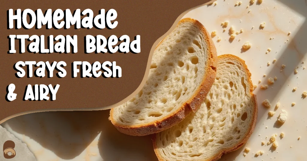 Sliced homemade Italian bread with golden crust and airy crumb on marble counter.