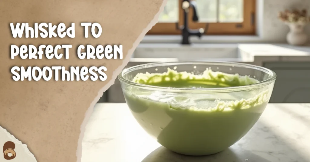 Smooth vegan matcha cake batter in mixing bowl on rustic kitchen counter by a window.
