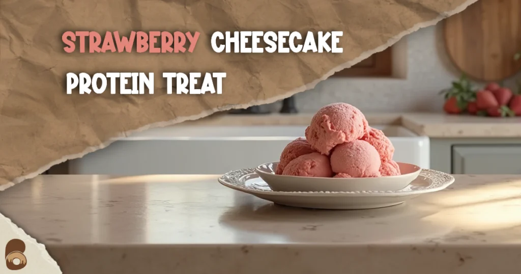 Strawberry cheesecake Ninja Creami protein ice cream on a marble countertop near a window.