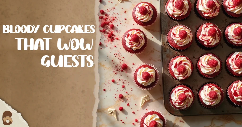 Overhead view of Halloween theme snacks showing red velvet cupcakes topped with cream cheese frosting and raspberry drizzle.