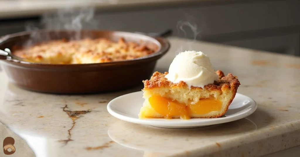 A plated slice of peach cobbler with melting vanilla ice cream beside the pan — recipe for peach cobbler using cake mix.