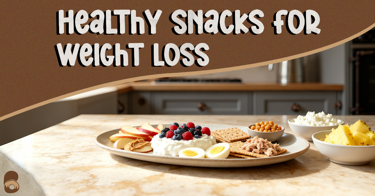 A platter of healthy snacks for weight loss featuring yogurt with berries, apples with almond butter, eggs, and chickpeas