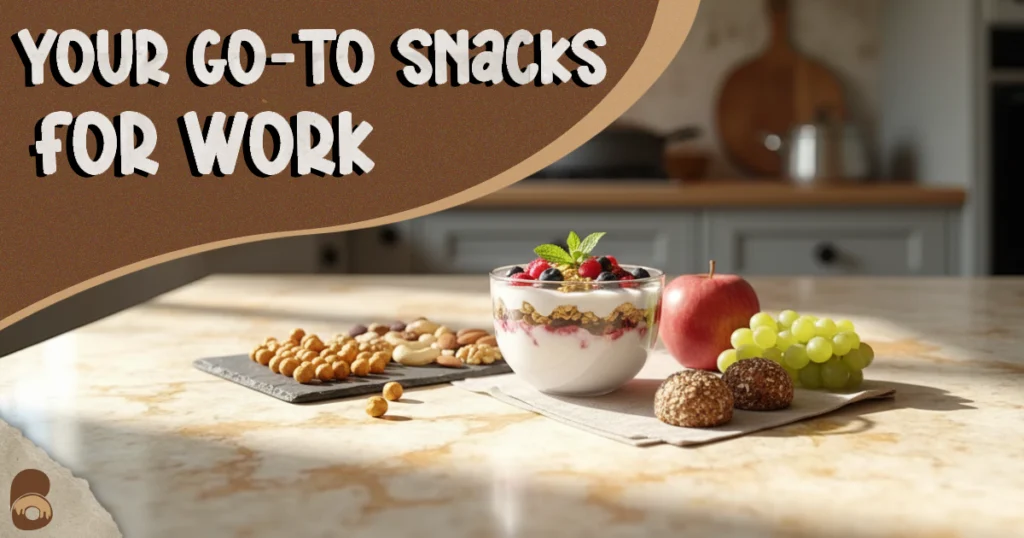 Assorted healthy snacks on marble countertop perfect for practical snacks for work.