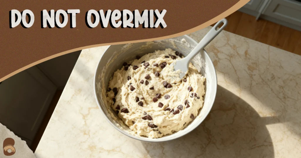 Batter with faint flour streaks and visible chips showing proper mixing for a zucchini chocolate chip bread recipe