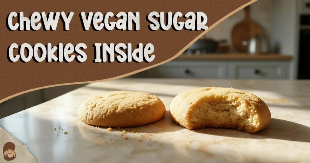 Bitten vegan sugar cookie showing soft chewy center with crumbs on marble countertop.