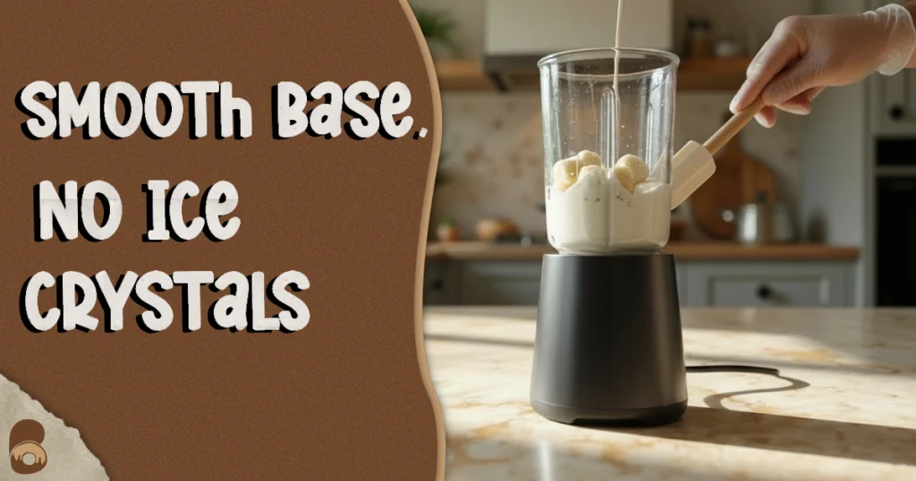 Blender mixing healthy ice cream recipe ingredients on marble countertop.