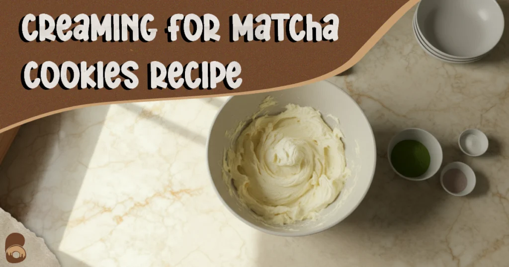 Butter and sugars creamed to pale fluffy texture for a matcha cookies recipe