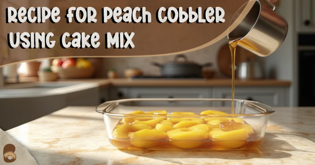 Canned peaches evenly layered in a 9x13 pan before topping — recipe for peach cobbler using cake mix.