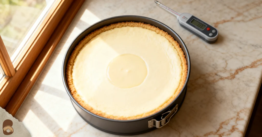 Cheesecake layer showing set edges and slight center jiggle for strawberry cake and cheesecake assembly.
