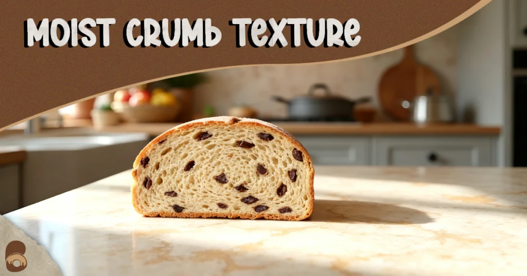 Close, low-angle slice showing moist crumb and melted chips for a zucchini chocolate chip bread recipe