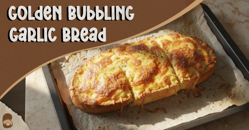 Close-up of cheesy garlic bread recipe showing bubbling mozzarella with golden brown edges on toasted baguette.