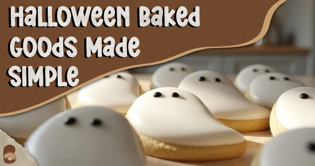 Close-up of ghost-shaped sugar cookies with white icing for Halloween baked goods.