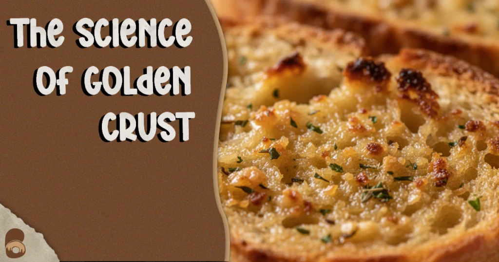 Close-up of golden, toasted crust of garlic bread showing browning detail from Maillard reaction.