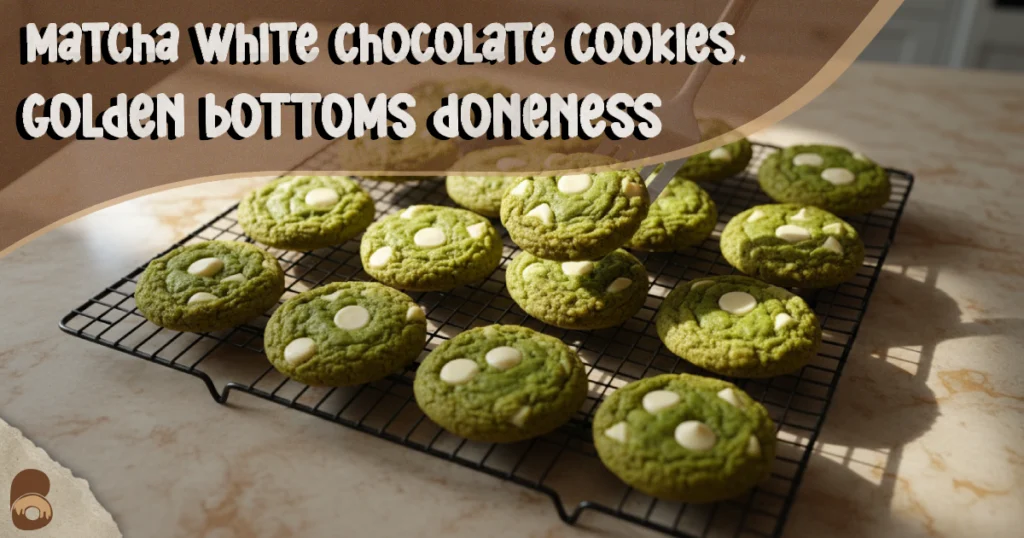 Close-up of matcha white chocolate cookies lifted to show lightly golden bottoms and green tops for doneness cue