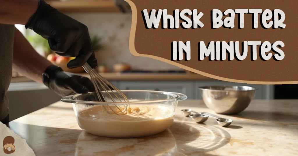 Close-up of mixing peach cobbler batter on marble countertop, showing texture and whisk action.