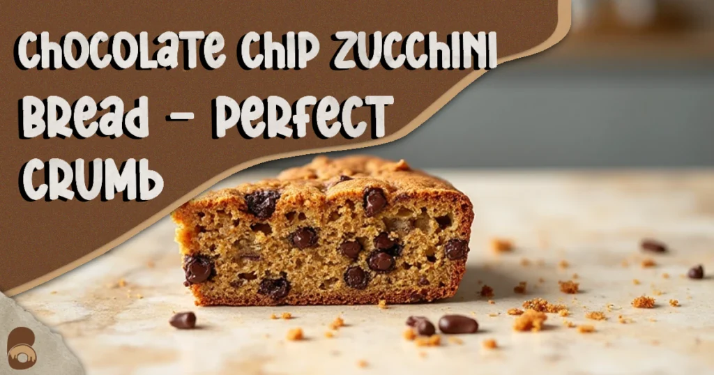 Close-up of recipe chocolate chip zucchini bread slice with a bite taken, showing moist crumb and chocolate chips.