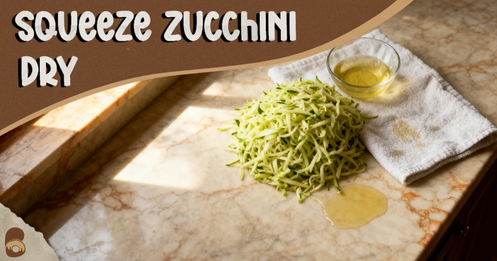 Close-up of shredded zucchini being squeezed dry in a towel for a zucchini chocolate chip bread recipe