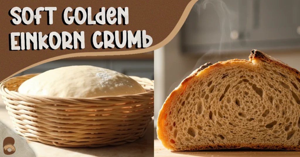 Close-up of sliced einkorn flour bread showing airy golden crumb.