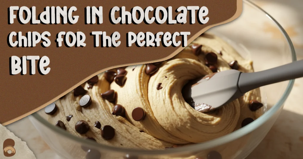 Close-up showing chocolate chips folded into edible cookie dough with spatula.

