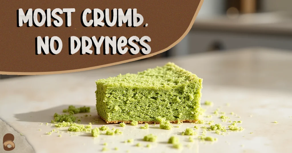 Close-up slice of matcha cake recipe easy after first bite with crumbs scattered.