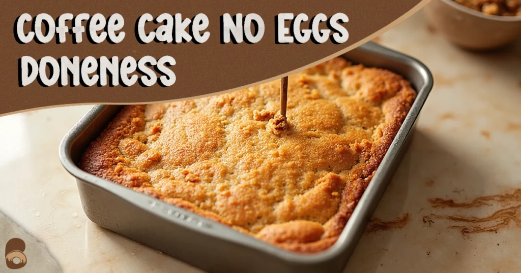 Close view of baked coffee cake no eggs with toothpick showing a few moist crumbs and golden streusel