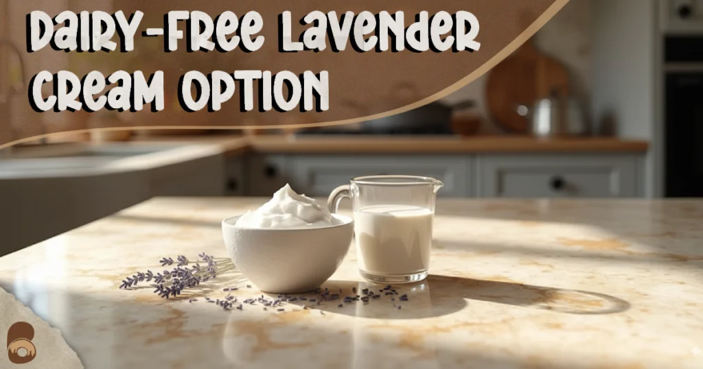 Coconut cream and dried lavender on marble countertop for dairy-free matcha cream.