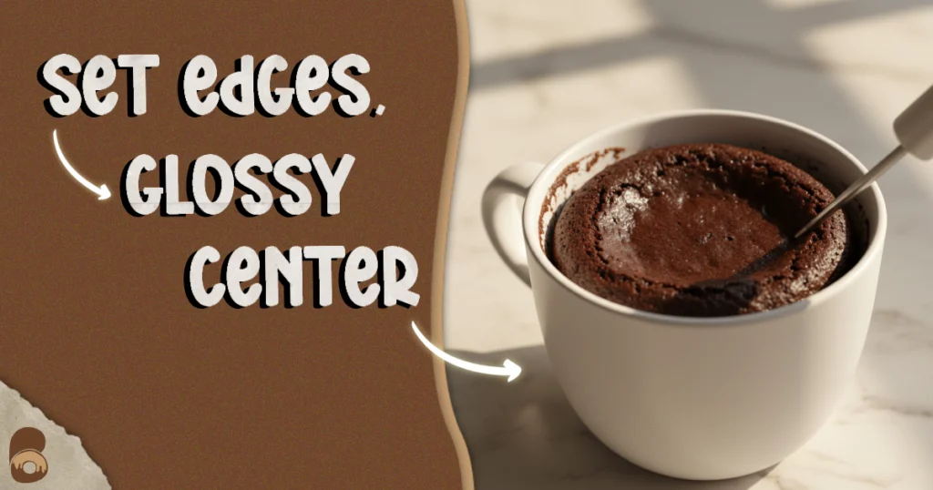 Cooked Oreo mug cake illustrating how to make oreo mug cake doneness with set edges, slightly glossy center, and 200–205°F check.