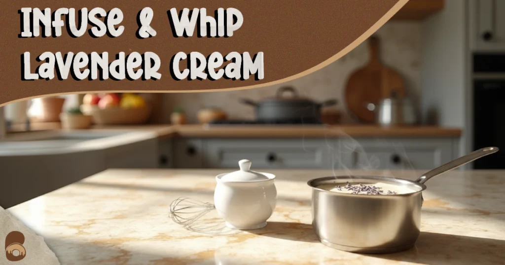 Cream infused with dried lavender in saucepan on marble countertop.