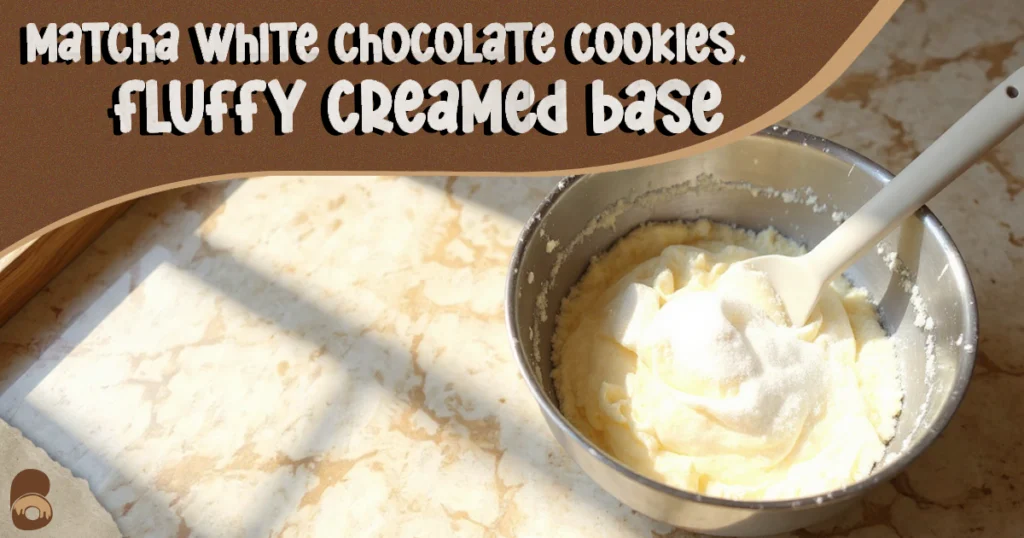 Creamed butter and sugars for matcha white chocolate cookies showing pale, airy texture in a mixing bowl