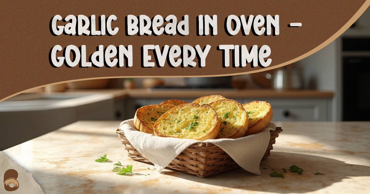 Crispy garlic bread in oven served golden brown on marble countertop.