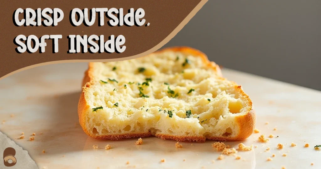 Crispy golden garlic bread in oven with one bite taken, showing crumb texture.
