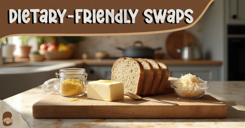 Display of dairy-free butter, gluten-free bread, nutritional yeast flakes, and vegan cheese alternatives on a wooden table.