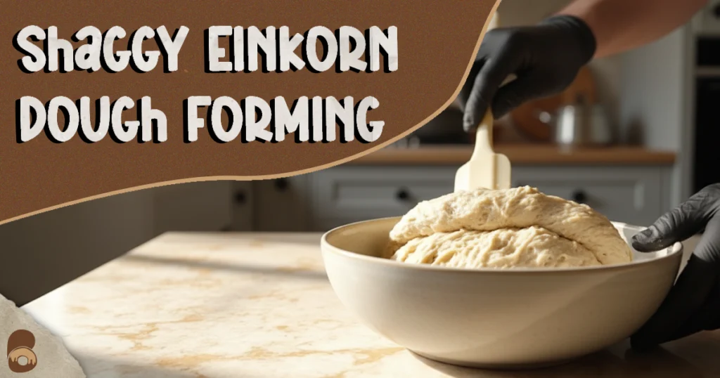 Einkorn flour bread dough being mixed in a bowl with spatula.