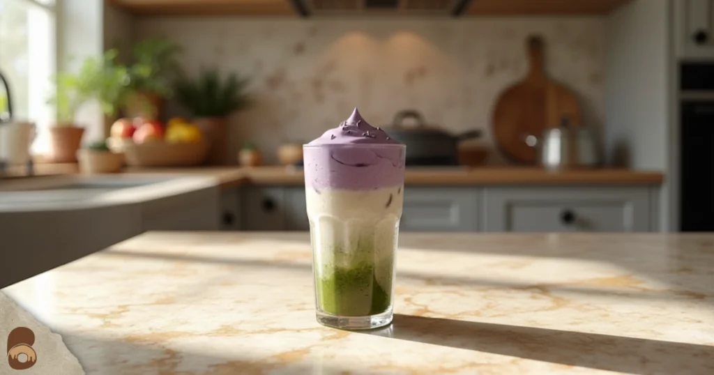 Final iced lavender cream oatmilk matcha with lavender cream topping on marble counter.