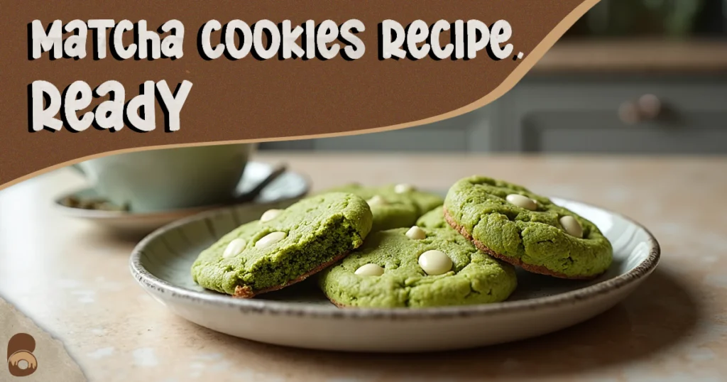 Final serving of matcha cookies recipe on a plate with a small cup of green tea