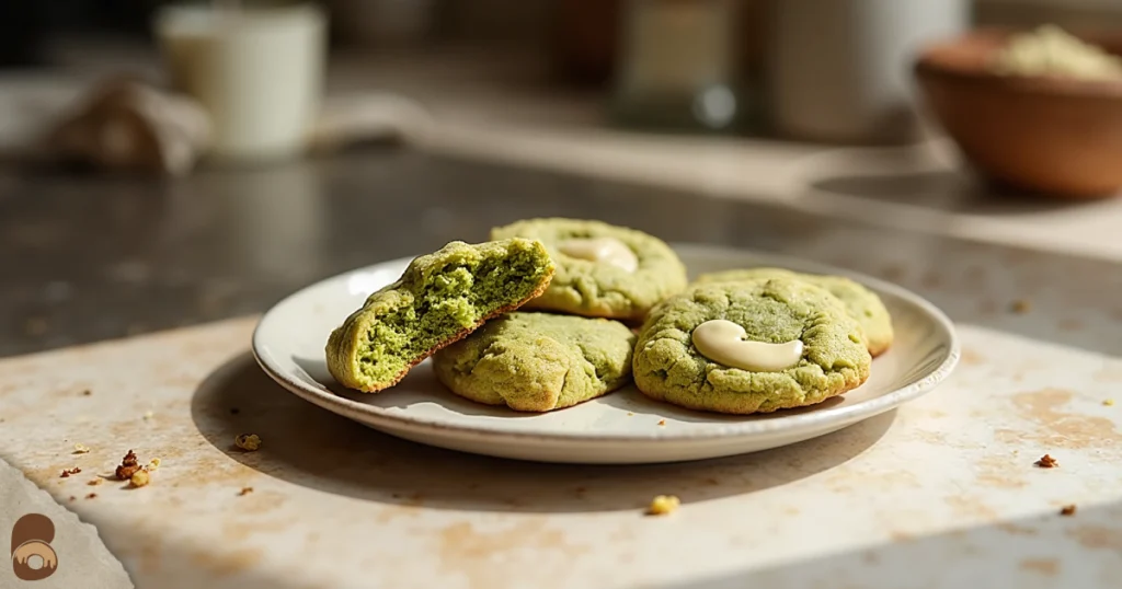 Final serving of matcha white chocolate cookies broken open to show soft, chewy green centers with melted white chocolate