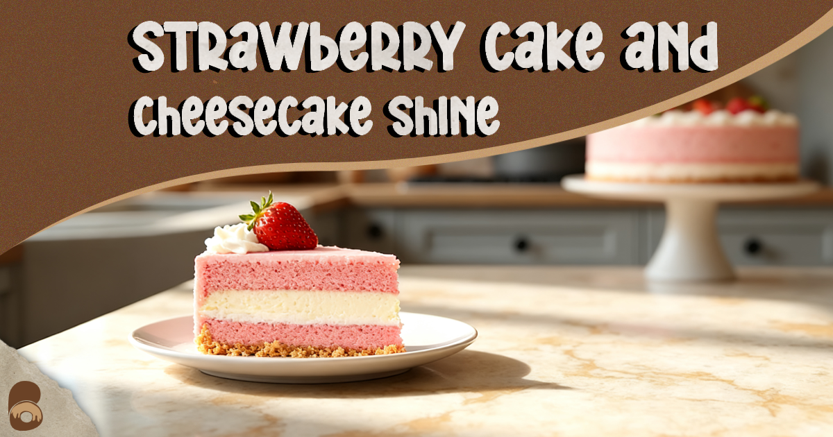 Final strawberry cake and cheesecake with glossy glazed strawberries and creamy layers on a pedestal stand