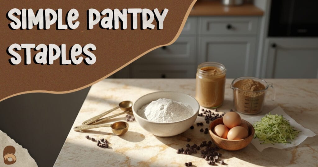 Flat lay of ingredients for peanut butter zucchini bread including flour, peanut butter, zucchini, eggs, and brown sugar.