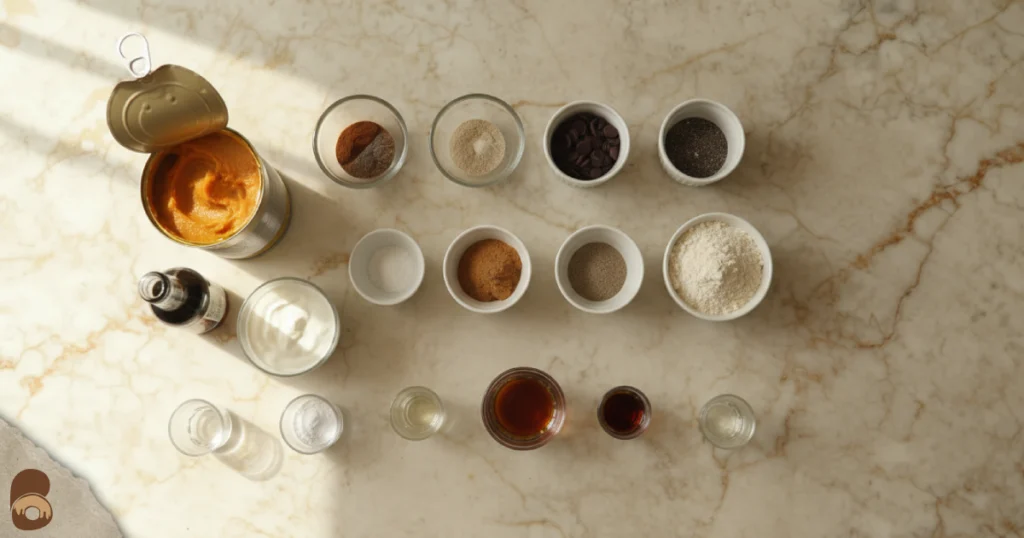 Flat‑lay of key ingredients for healthy pumpkin desserts including pumpkin purée, spices, oats, almond flour, yogurt, and maple syrup