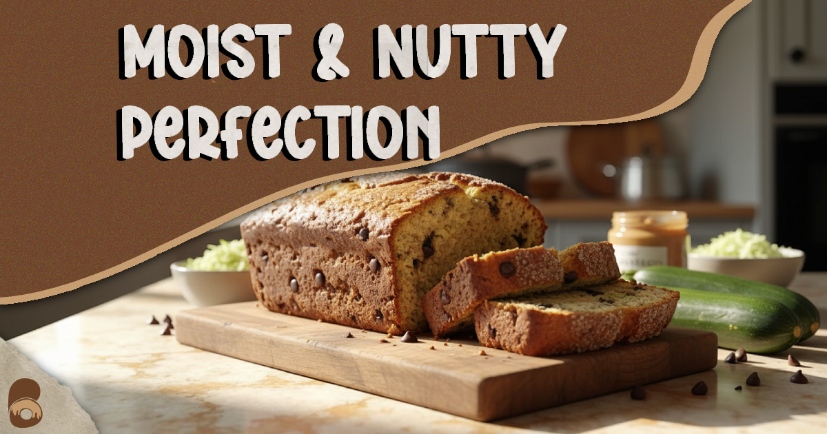 Freshly baked peanut butter zucchini bread loaf sliced on a rustic cutting board showing moist crumb and chocolate chips.