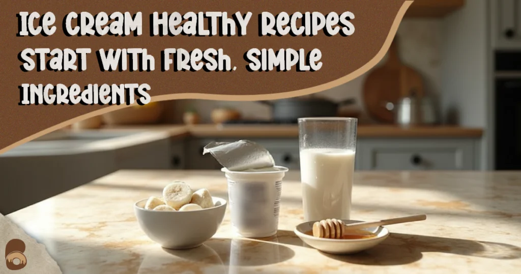 Frozen bananas, yogurt, almond milk, honey, and vanilla extract prepped for ice cream healthy recipes.