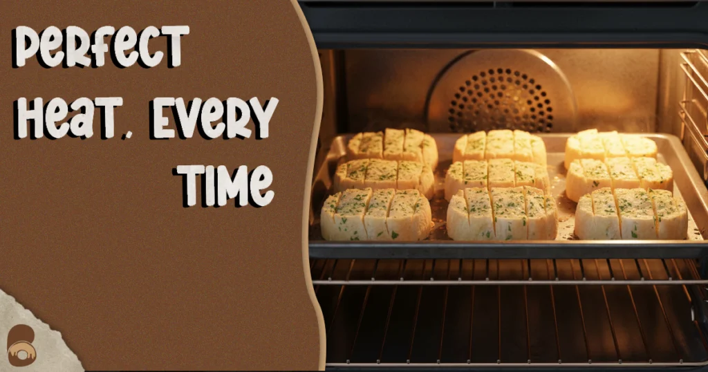 Frozen garlic bread placed in a preheated oven on a baking sheet ready for baking.