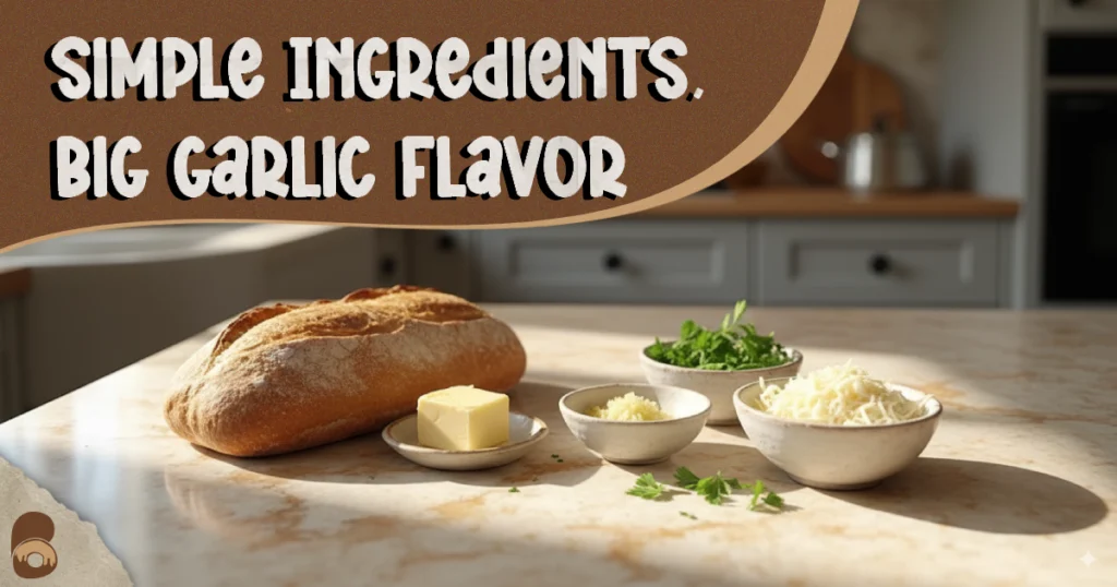 Garlic bread in oven ingredients including baguette, butter, garlic, parsley, and cheese.