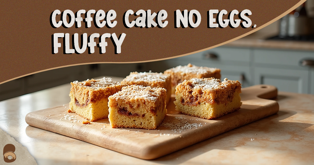 Golden cinnamon coffee cake no eggs sliced to show tender crumb and crisp streusel top