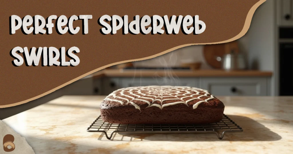 Halloween spiderweb brownies with cream cheese design cooling on rack.