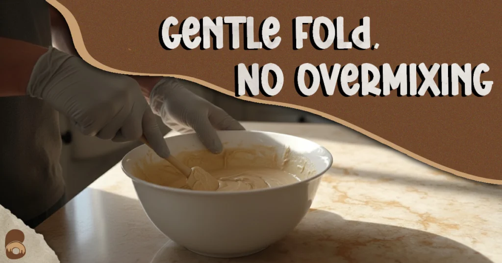 Hands folding wet and dry ingredients into cinnamon vegan cake batter.