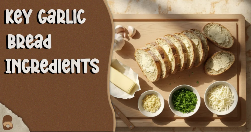Ingredients for garlic bread: sliced bread, butter, garlic cloves, fresh parsley, mozzarella cheese in small bowls.