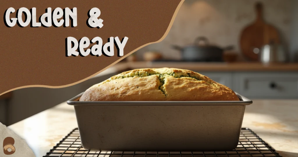 Loaf of zucchini bread in a pan just out of the oven with golden top and visible crack down the center, on wire rack, no humans.